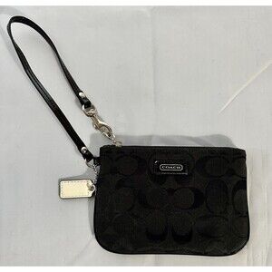 Coach Signature Black Jacquard Canvas Patent Leather Strap Zip Wristlet Purse